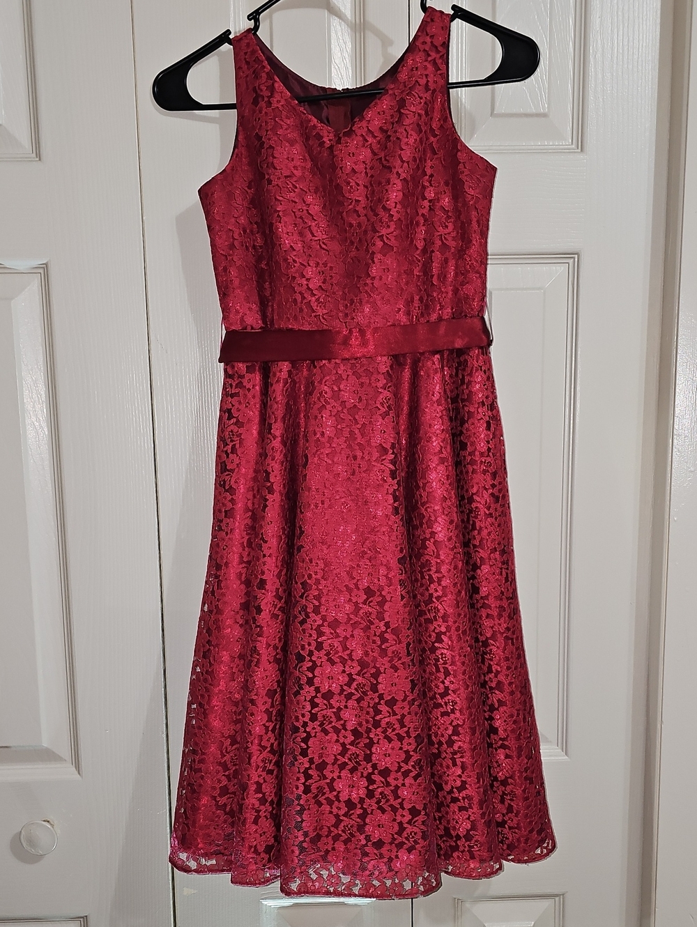 Girls Burgundy Lace A-Line Party Dress with Satin Waist